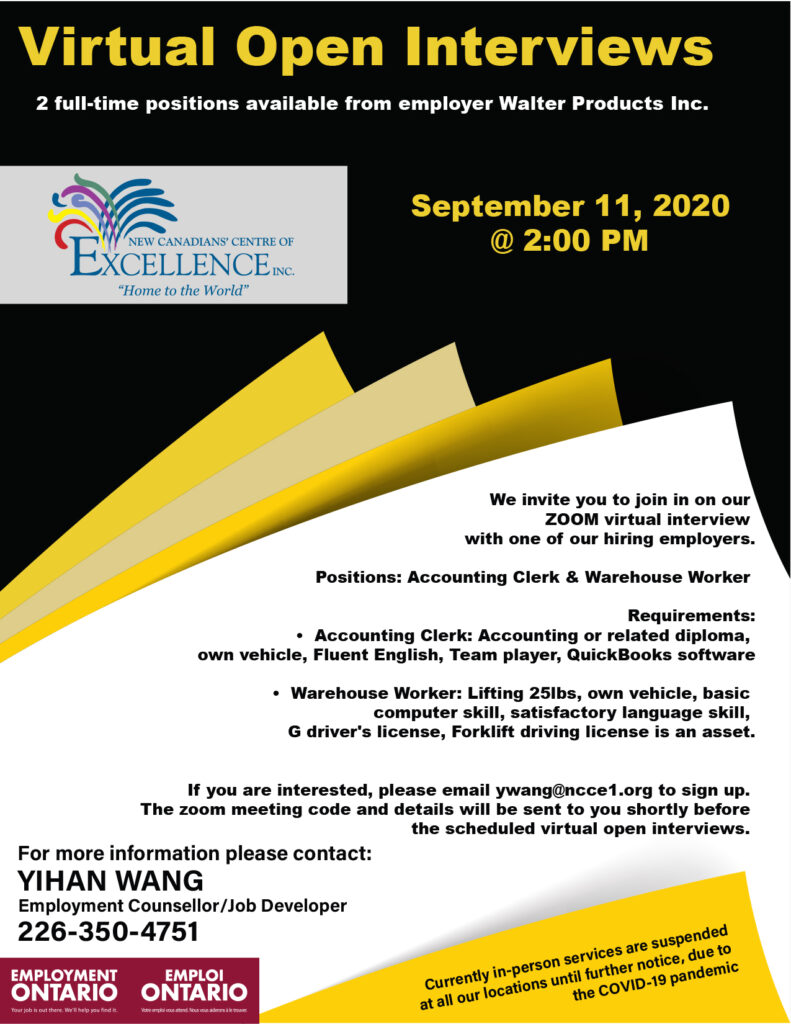 Virtual Open Interviews - positions available at Walter Products Inc.