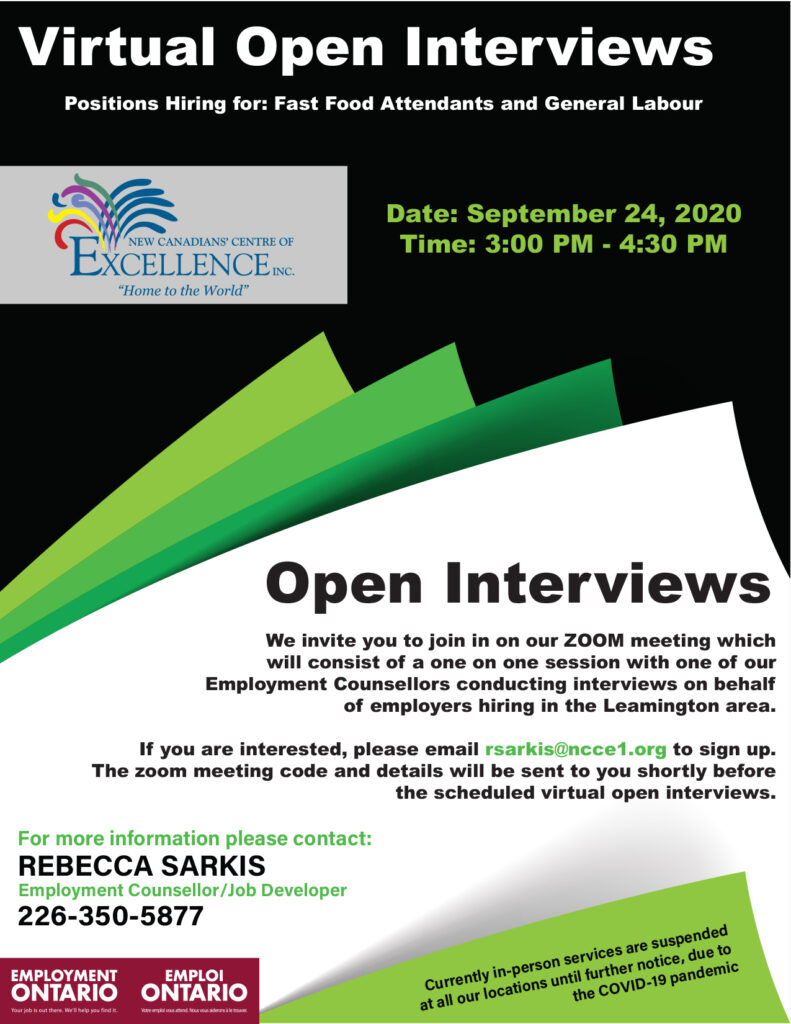 Virtual Open Interviews - Fast food attendants and general labour positions