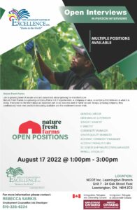 Nature Fresh Farms In-Person Open Interviews @ NCCE Inc, Leamington Branch | Ontario | Canada