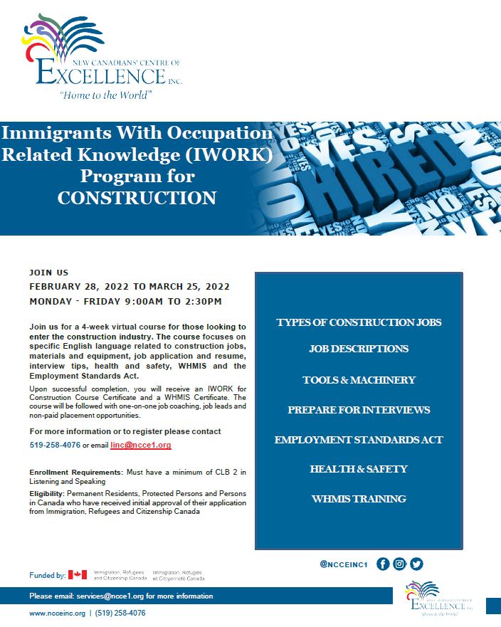 Flyer for Immigrants With Occupation Related Knowledge (IWORK) Program for CONSTRUCTION
